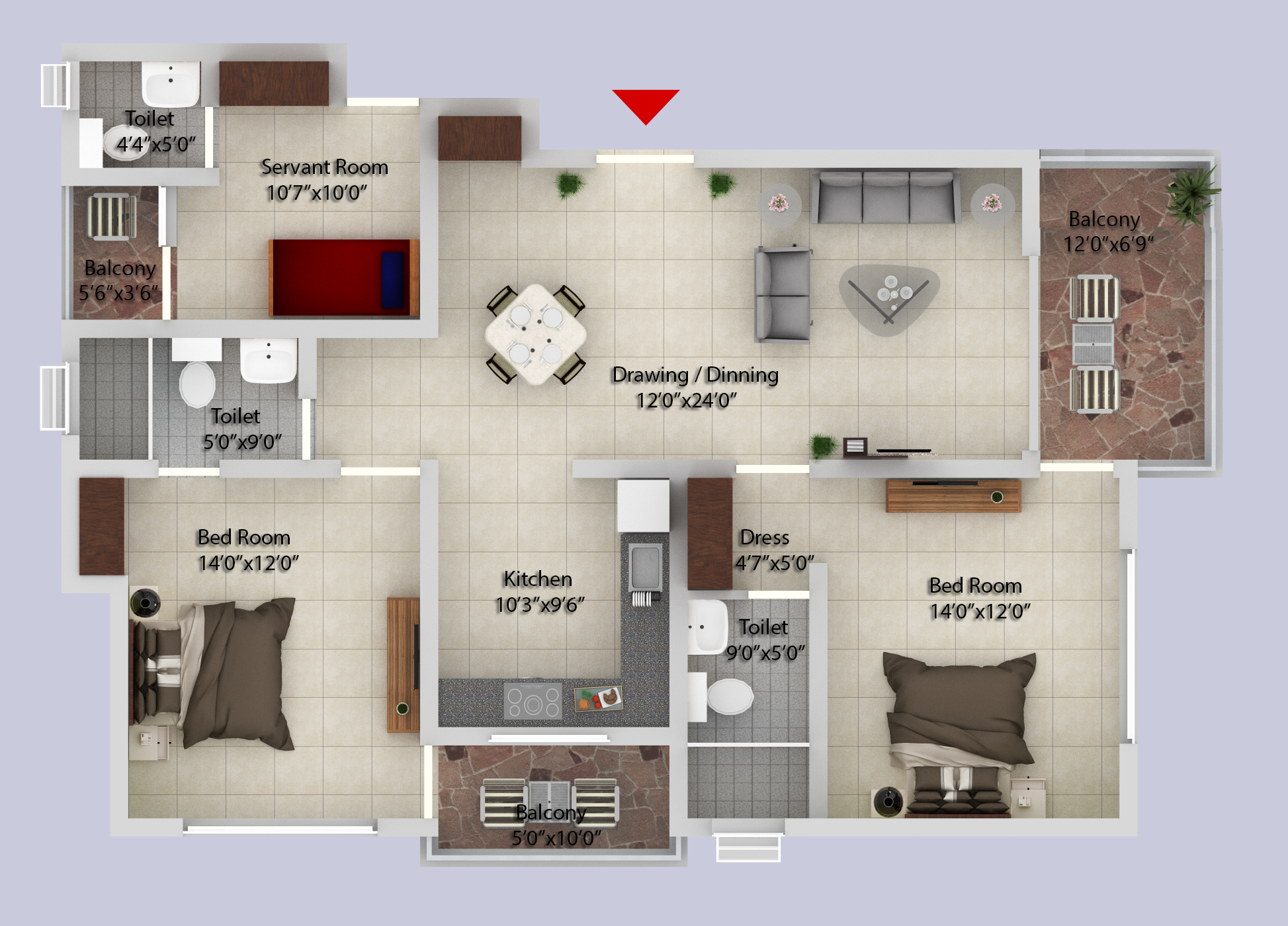 2BHK + Serv. 1744 SQFT